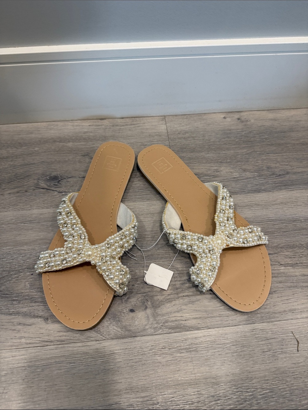 Pearl-Embellished Tan Slide Sandals - Women's size 11